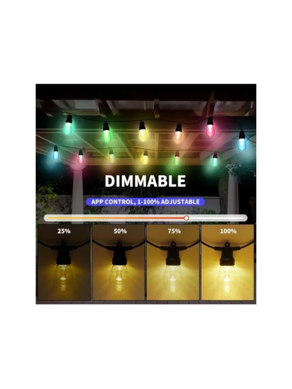 Outdoor String Lights 50FT- 20 RGBW LED Bulbs Dimmable & Waterproof App & Remote